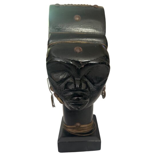 Vintage Haitian Wood Sculpture With Brass Adornments & Earrings Handcrafted - Picture 1 of 13